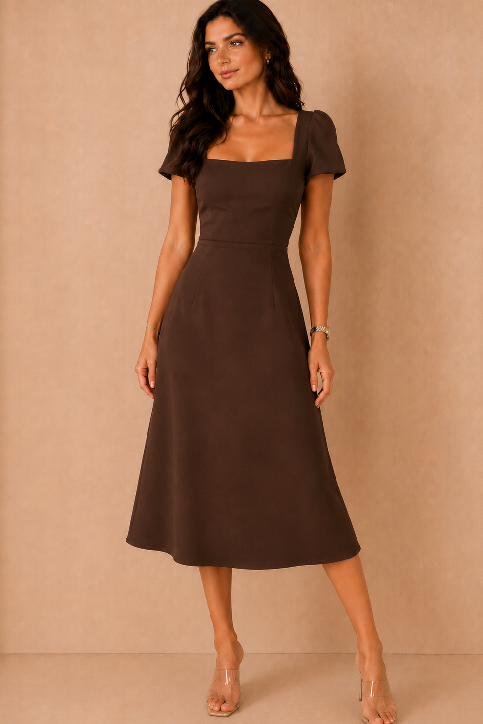 Valentina Chocolate Square Neck Midi Dress