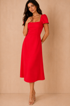 Valentina Red Square Neck Midi Dress