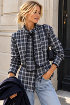 Vandelia Navy Check Tie Neck Shirt