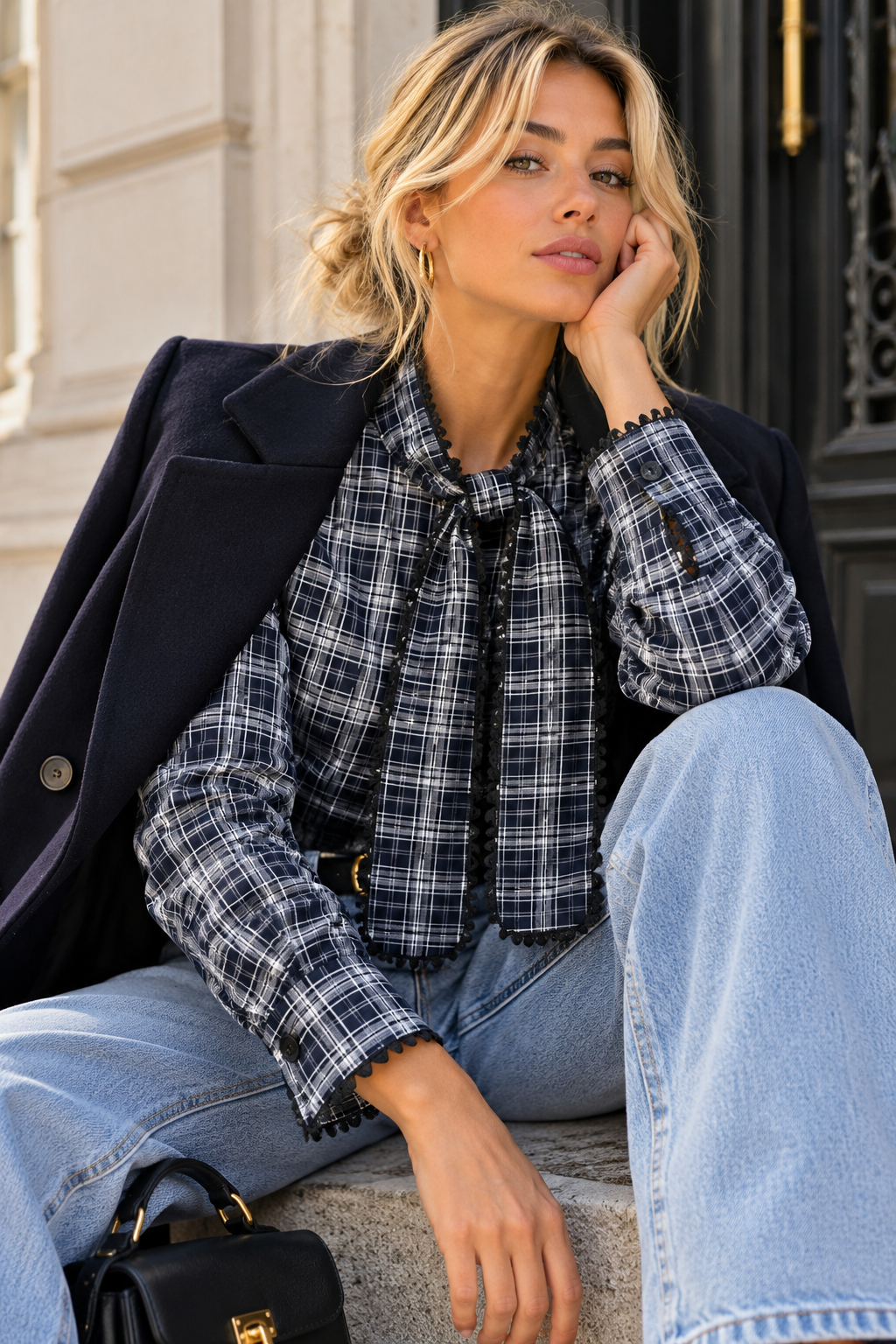 Vandelia Navy Check Tie Neck Shirt