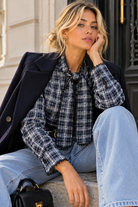 Vandelia Navy Check Tie Neck Shirt