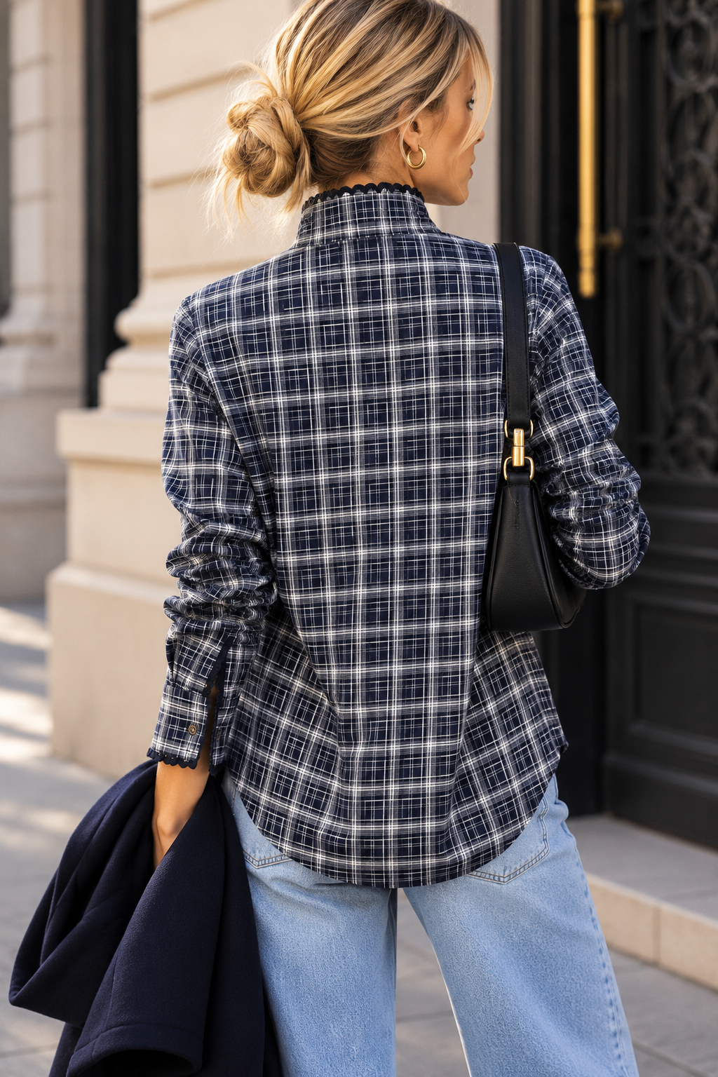 Vandelia Navy Check Tie Neck Shirt