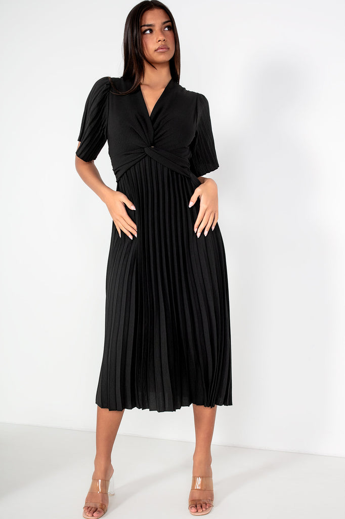 Vayda Black Pleated Midi Dress