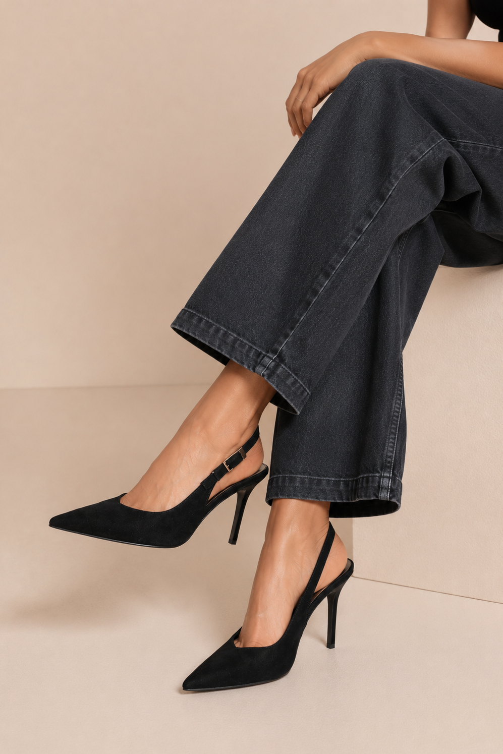 Vayda Black Suedette Slingback Heels