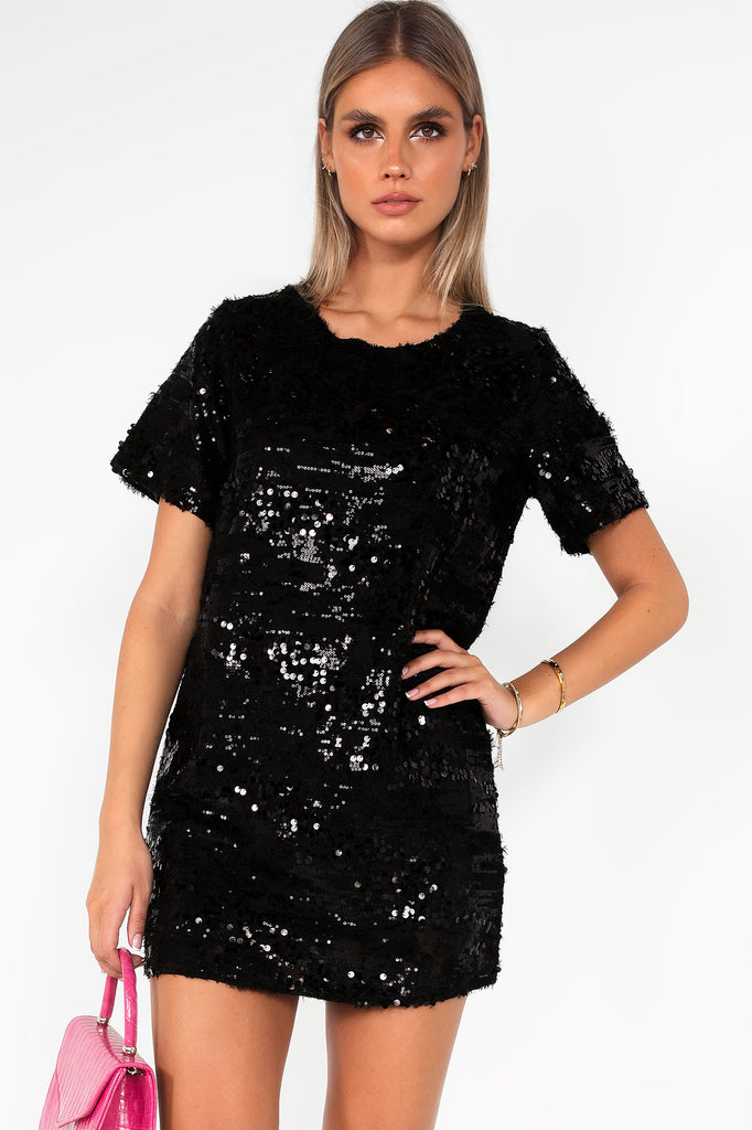 Veda Black Sequin T-Shirt Dress