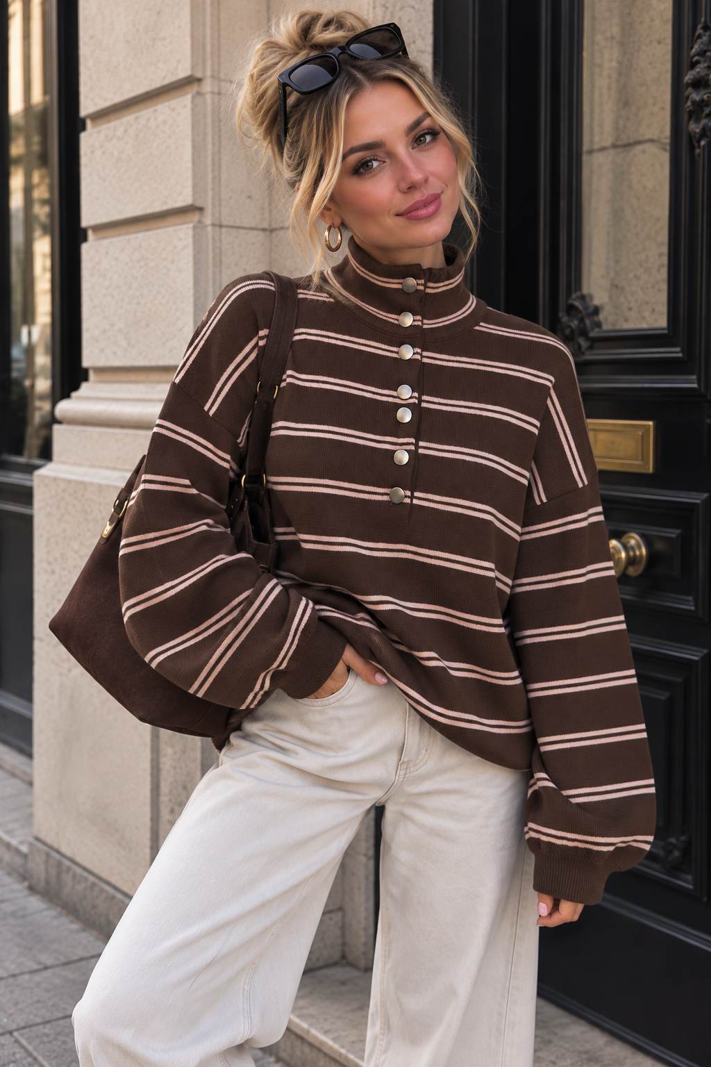 Venisha Chocolate Fine Knit Striped Jumper