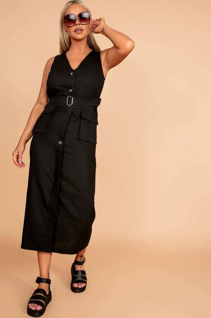 Verna Black Linen Belted Dress