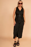 Verna Black Linen Belted Dress