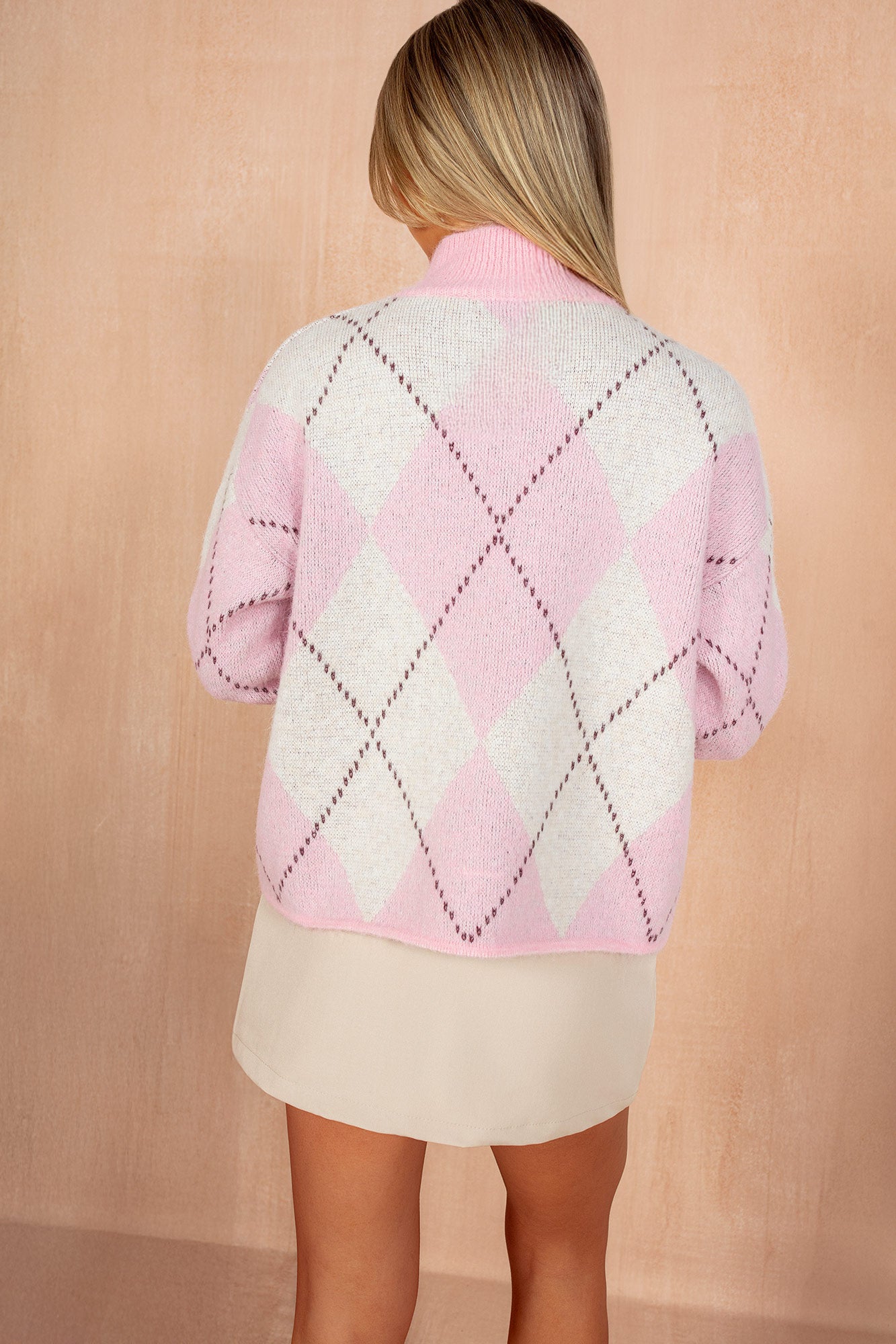 Vida Pink Knit Argyle High Neck Jumper