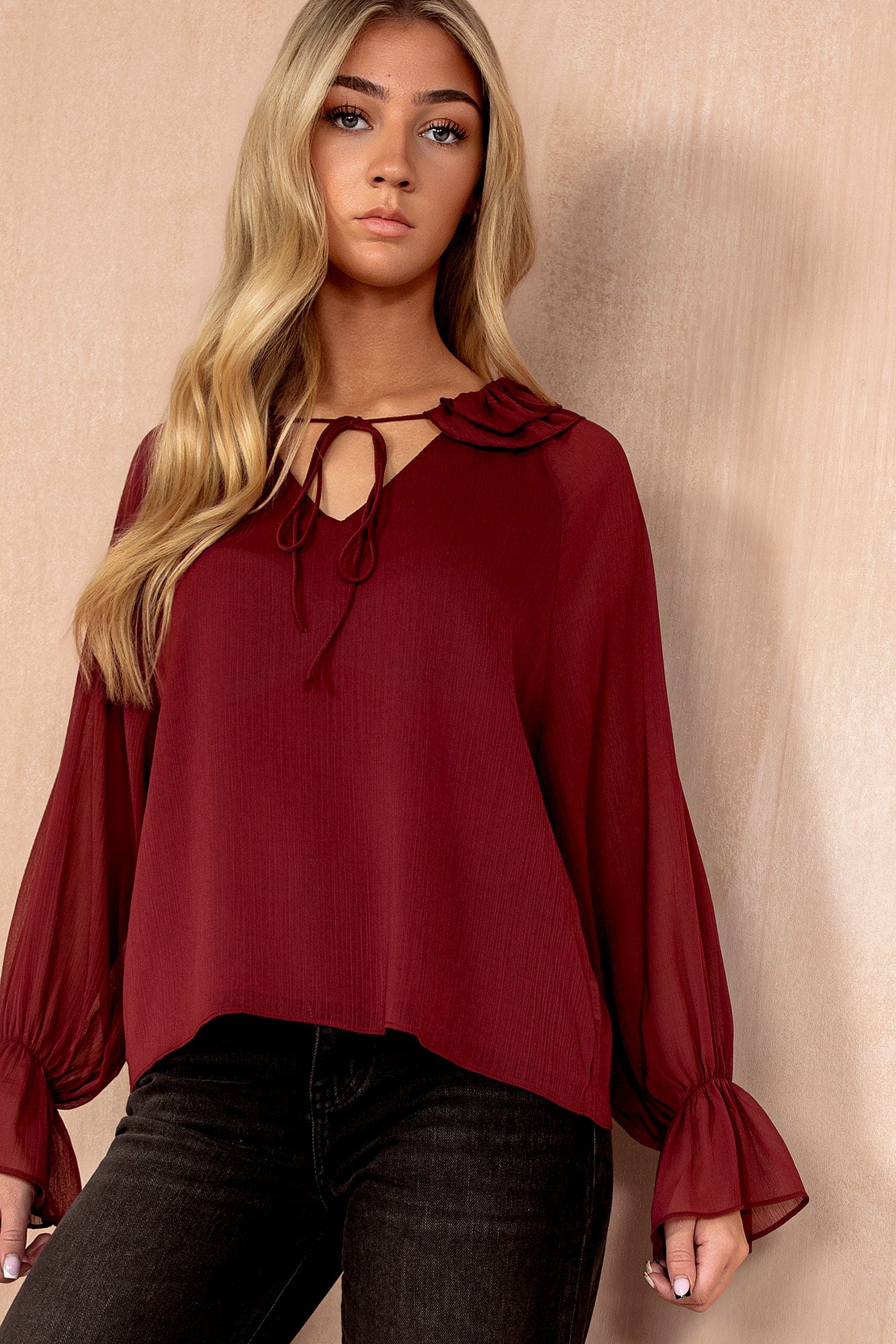Violette Burgundy Chiffon Frill Blouse