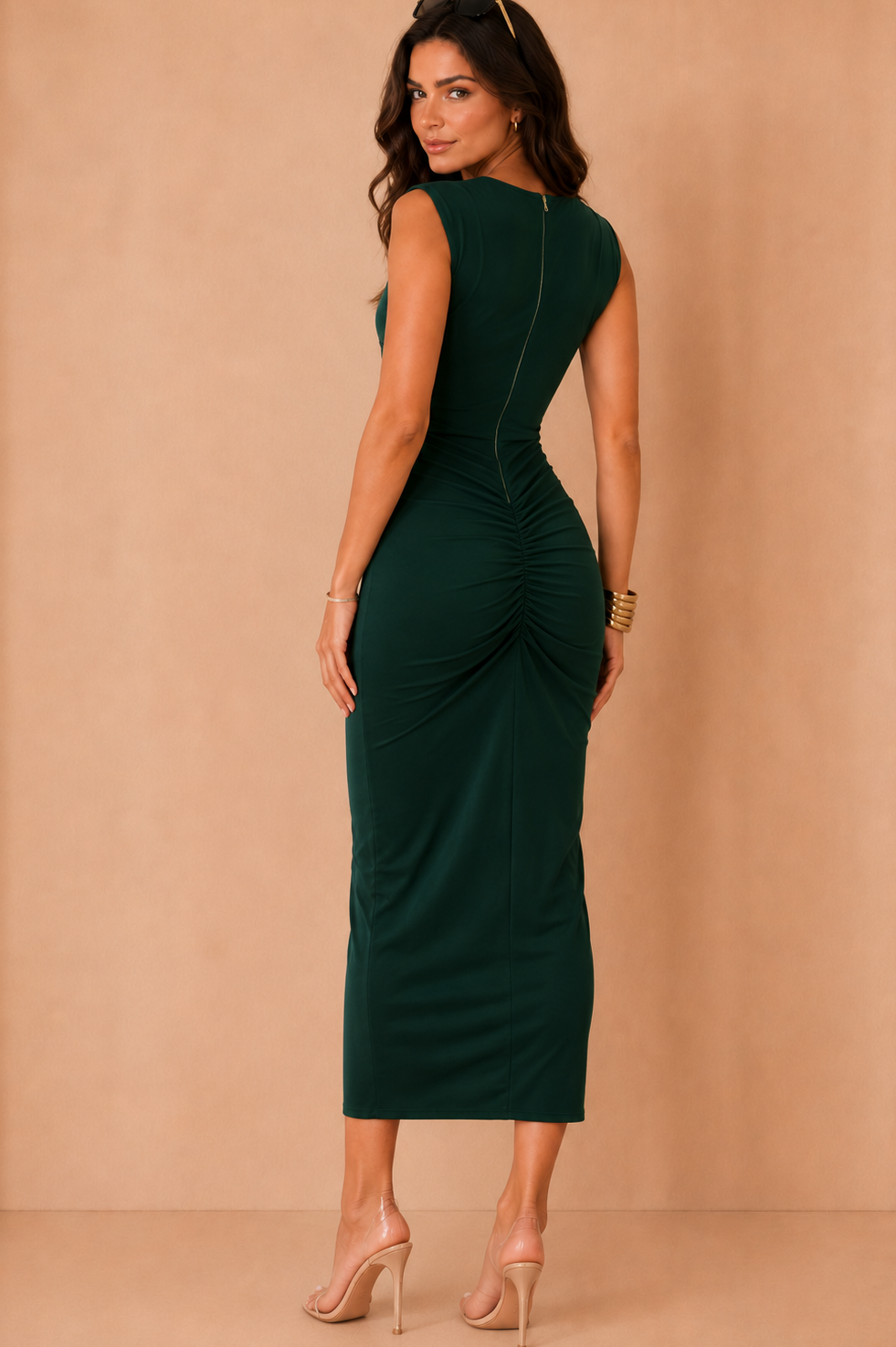 Whitney Forest Green Draped Sash Wrap Midi Dress