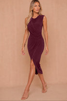 Whitney Plum Draped Sash Wrap Midi Dress