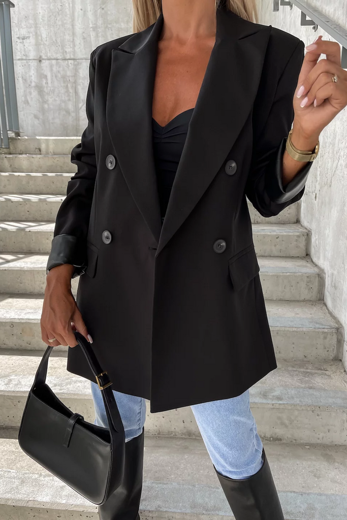 Black blazer clearance with leather sleeves