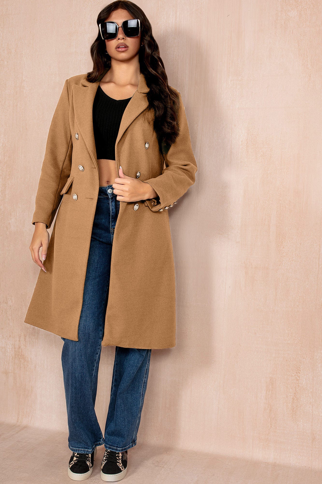 Winona Camel Longline Double Breasted Coat - Vavavoom.ie