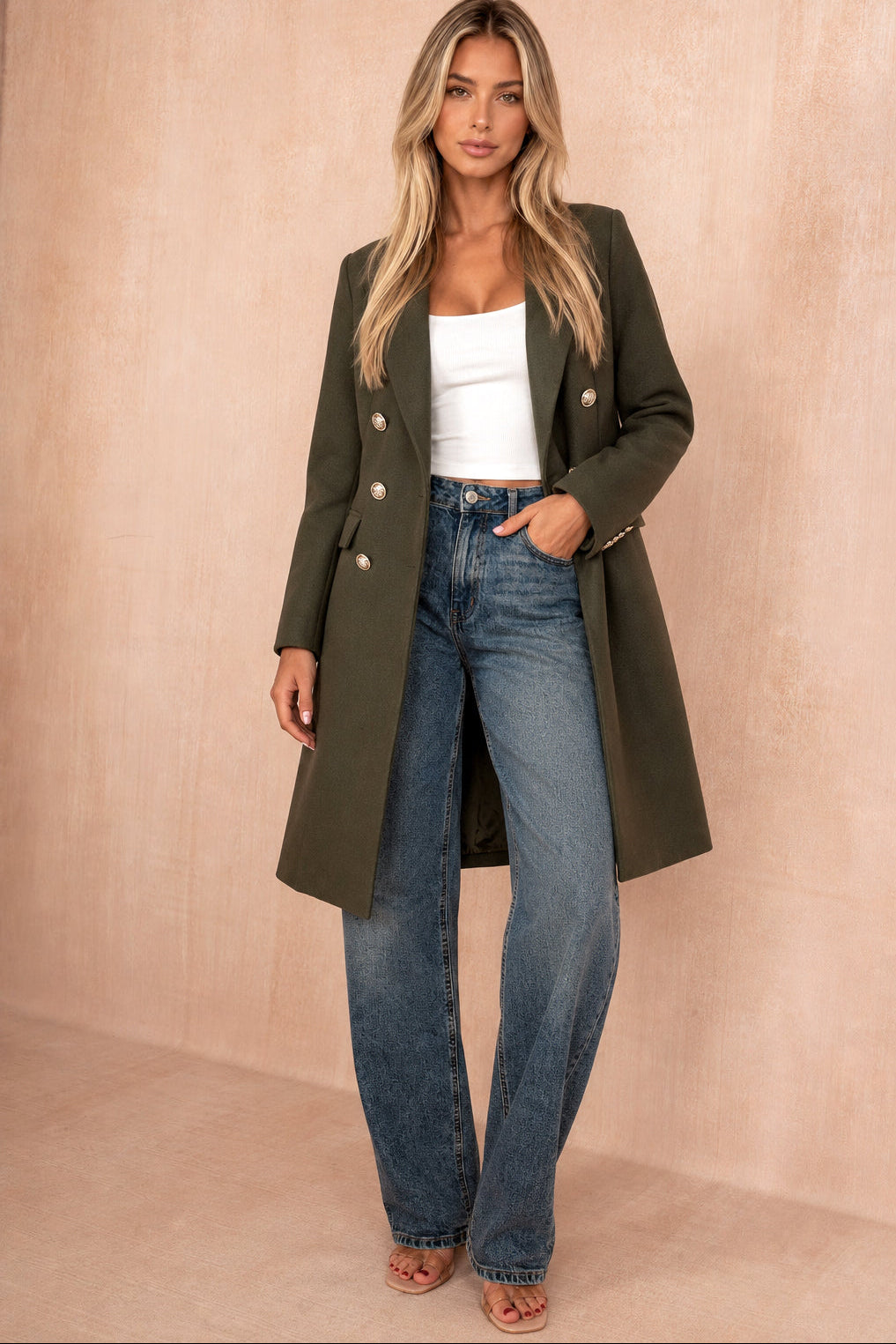 Winona Khaki Longline Double Breasted Coat