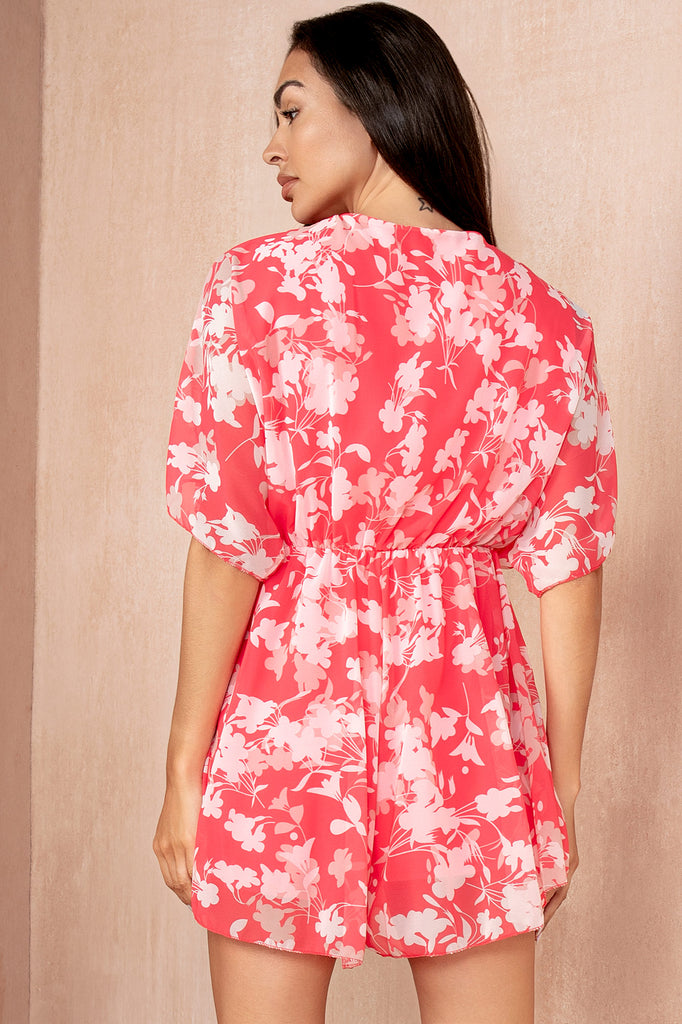 Wrenley Coral Chiffon Print Playsuit