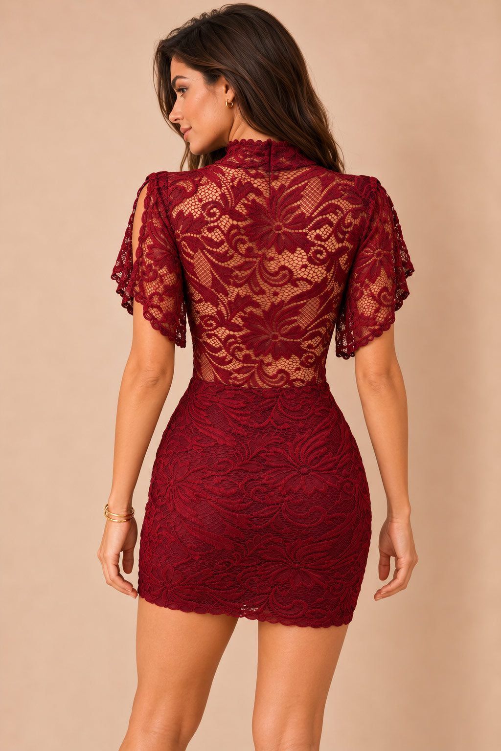 Wyette Burgundy Lace High Neck Dress