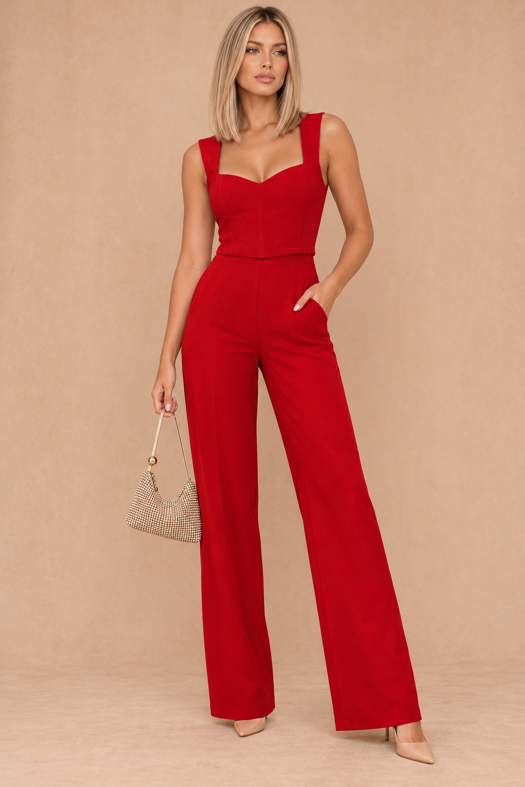 Xenia Red Sleeveless Wide Leg Jumpsuit