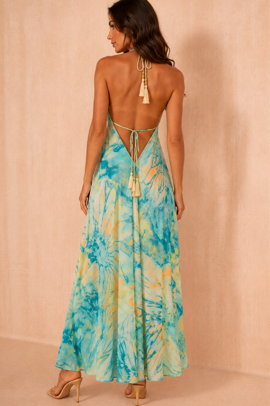 Zabel Green Boho Halter Neck Dress