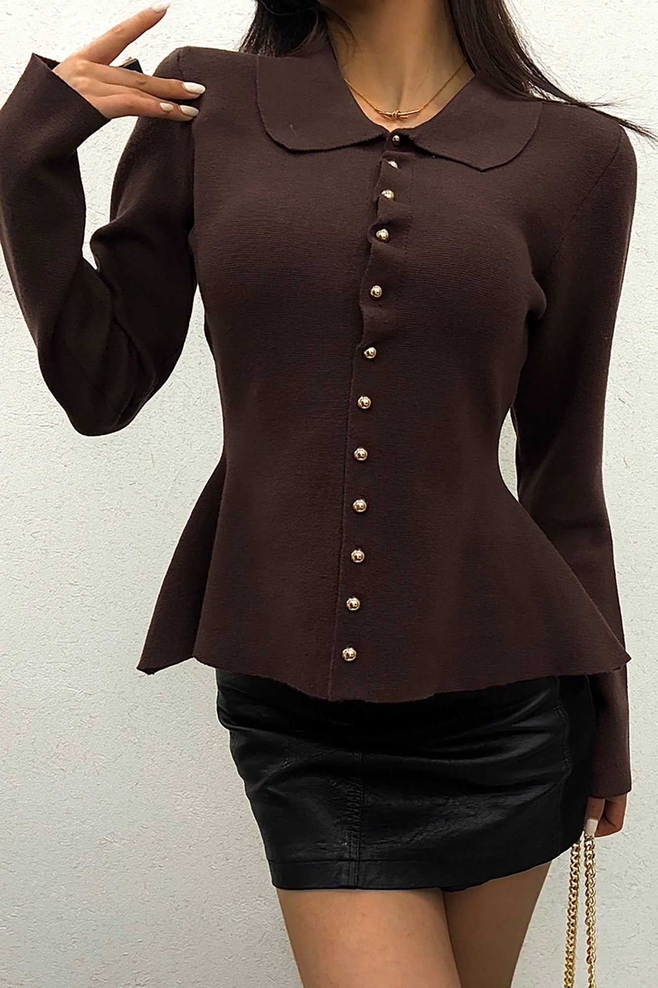 Zadie Chocolate Knit Button Front Fitted Top