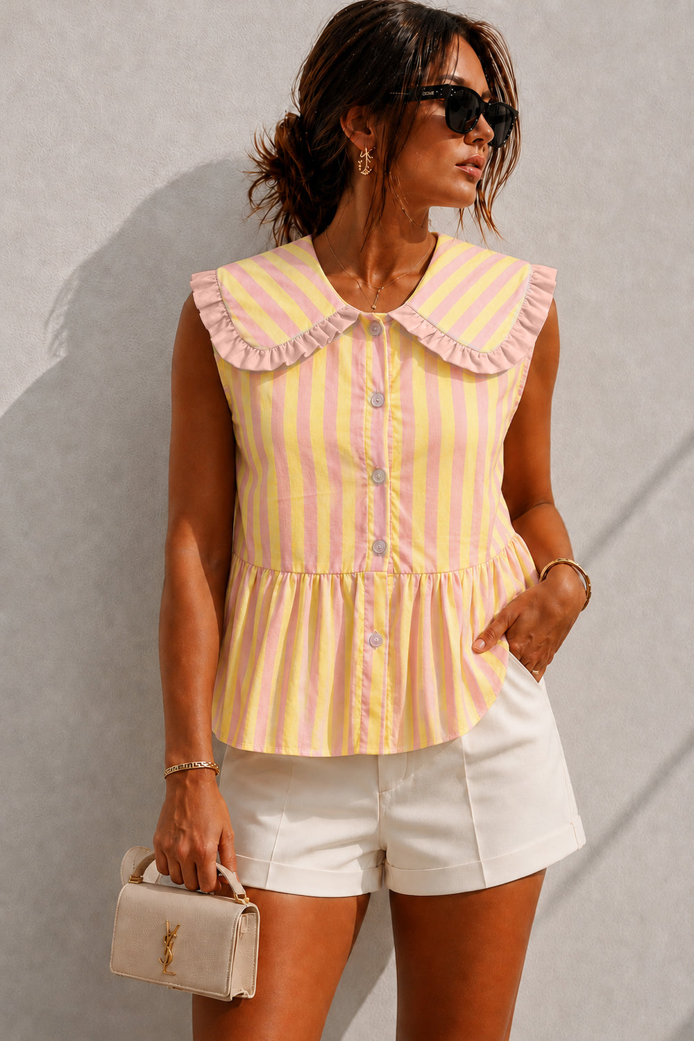 Zaniyah Pink and Yellow Striped Peter Pan Collar Top