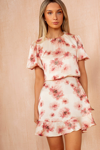 Zara Blush Floral Puff Sleeve Satin Dress – Vavavoom.ie