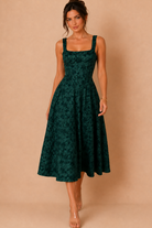 Zia Green Floral Jacquard Square Neck Midi Dress