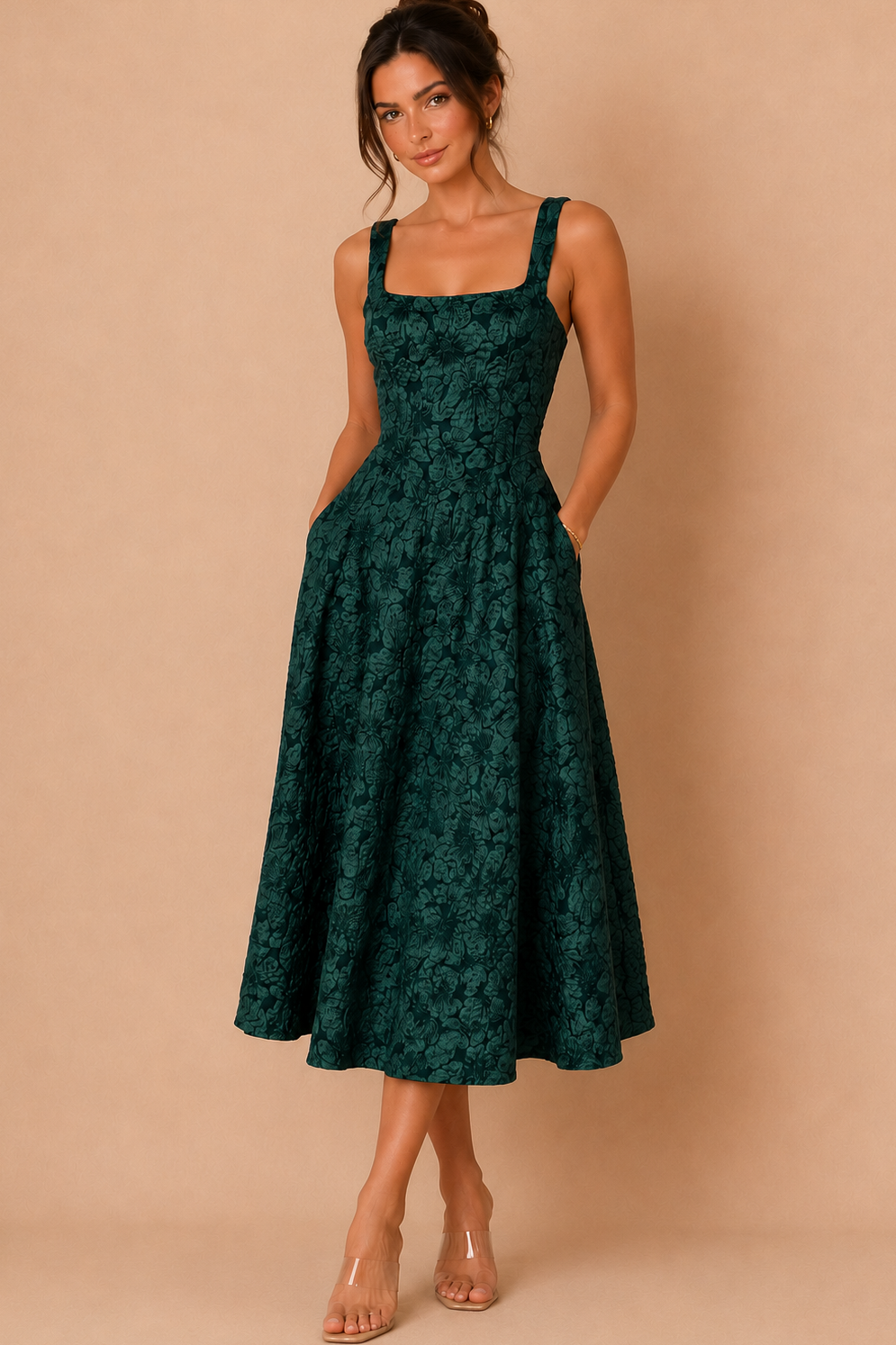 Zia Green Floral Jacquard Square Neck Midi Dress