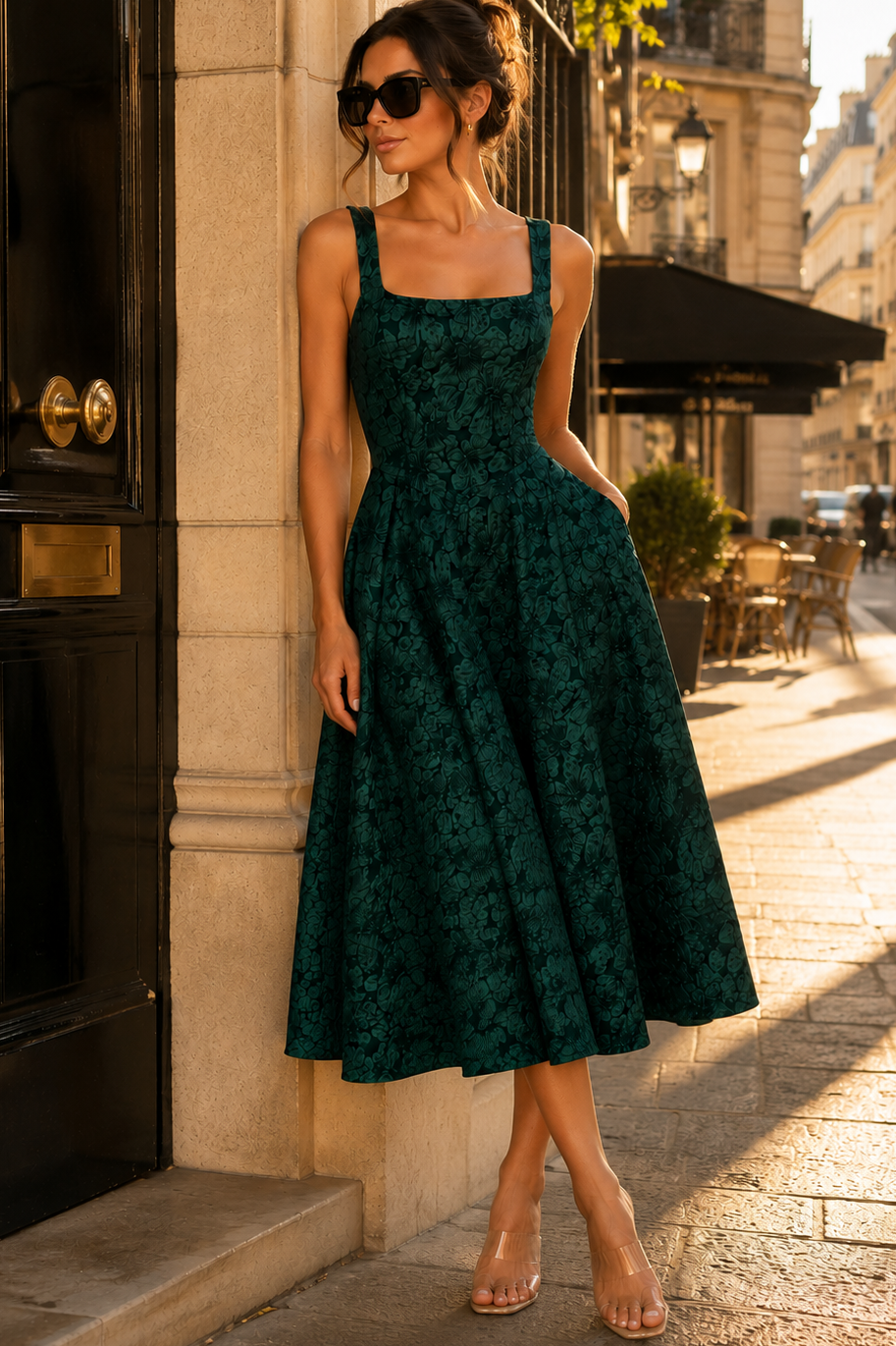 Zia Green Floral Jacquard Square Neck Midi Dress