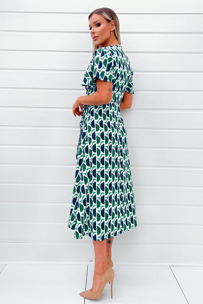 AX Paris Soraya Green and Navy Printed Midi Dress