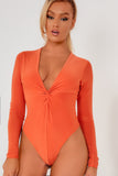 Adelina Orange Slinky V Neck Bodysuit