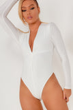 Adelina White Slinky V Neck Bodysuit