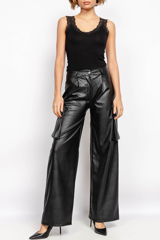 Bryleigh Black Faux Leather Wide Leg Trousers