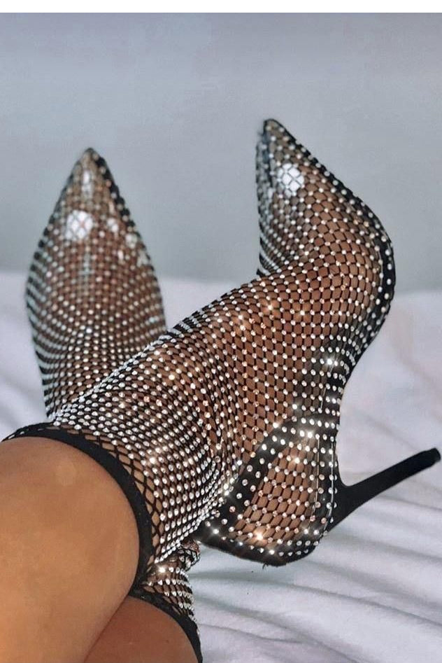 Giovanna Black Mesh Diamante Sock Boot