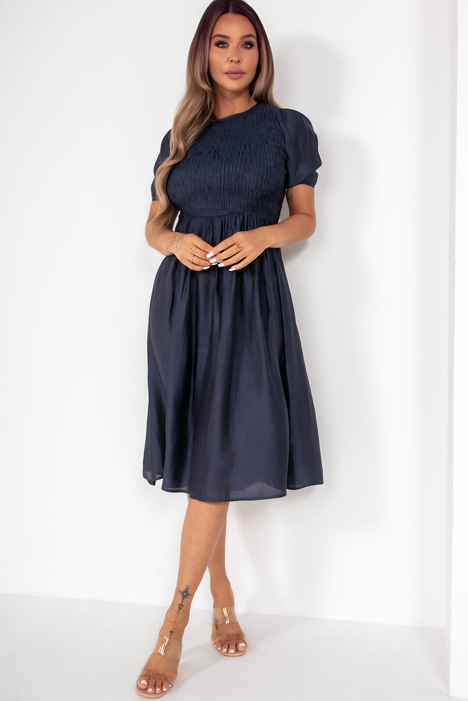 Glamorous Scarlett Navy Shirred Midi Dress