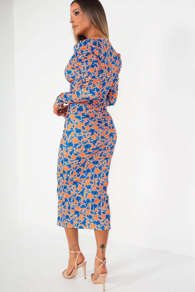 Kensley Orange and Blue Floral Midi Dress