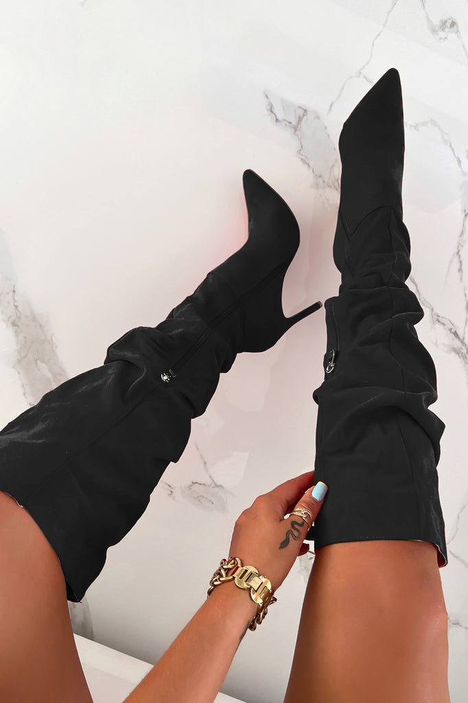 Lola Black Suedette Slouch Knee Boots