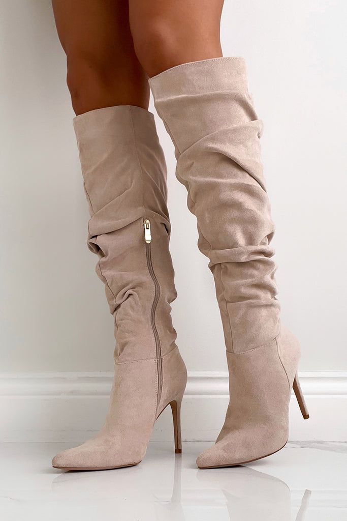 Lola Stone Suedette Slouch Knee Boots