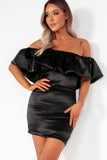 Myra Black Satin Bardot Ruffle Dress
