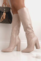 Qira Nude Faux Leather Knee High Boots