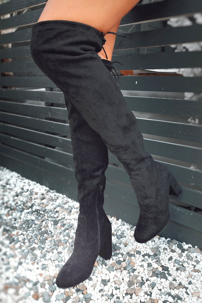 Reyna Black Suedette Over The Knee Boots