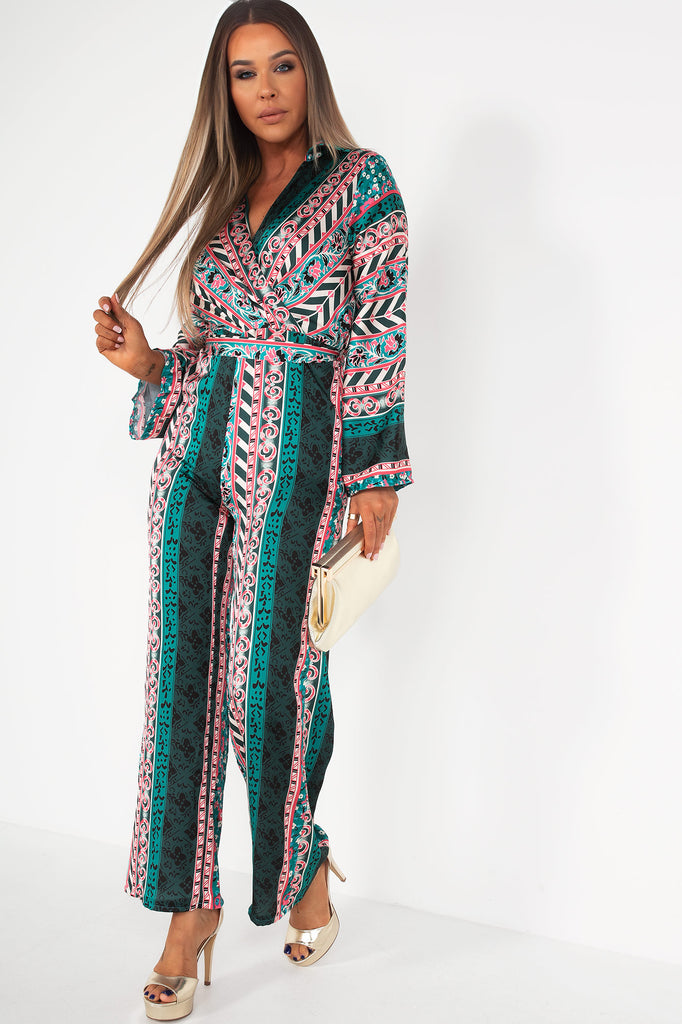 Shelley Green Satin Printed Jumpsuit