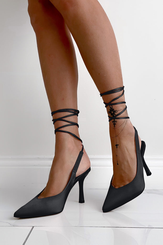 Tessa Black Satin Lace Up Heels